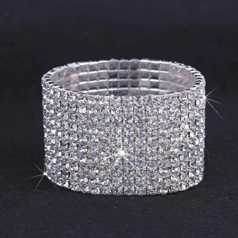 10 Rows Diamante Rhinestone Bangle Bracelet Stretch Wristband