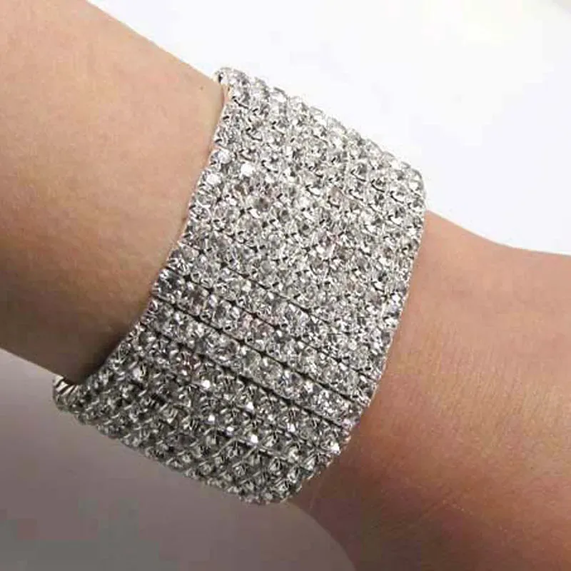 10 Rows Diamante Rhinestone Bangle Bracelet Stretch Wristband