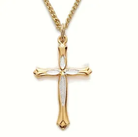 14K Gold Over Sterling Silver Cross Necklace, Two Tone and Budded Ends, 18" Chain
