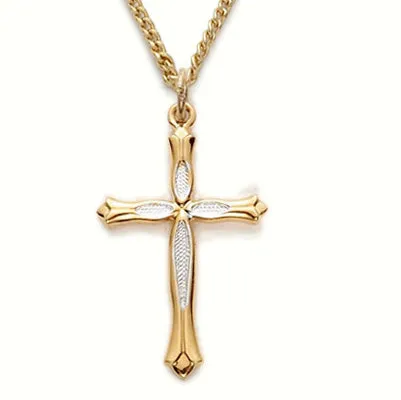 14K Gold Over Sterling Silver Cross Necklace, Two Tone and Budded Ends, 18" Chain