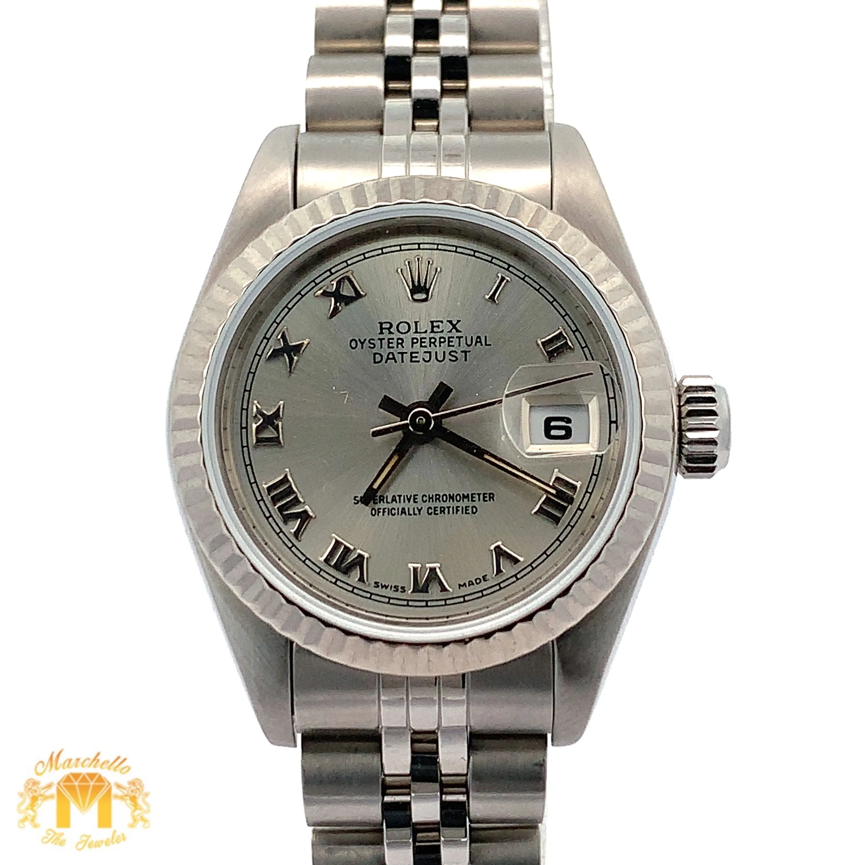 26mm Ladies` Rolex Watch with Stainless Steel Jubilee Bracelet (silver dial, fluted bezel)