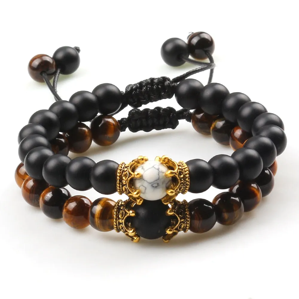 2pcs Charm Crown Tiger Eye Beads Bracelets Men Black Lava Stone Bangles