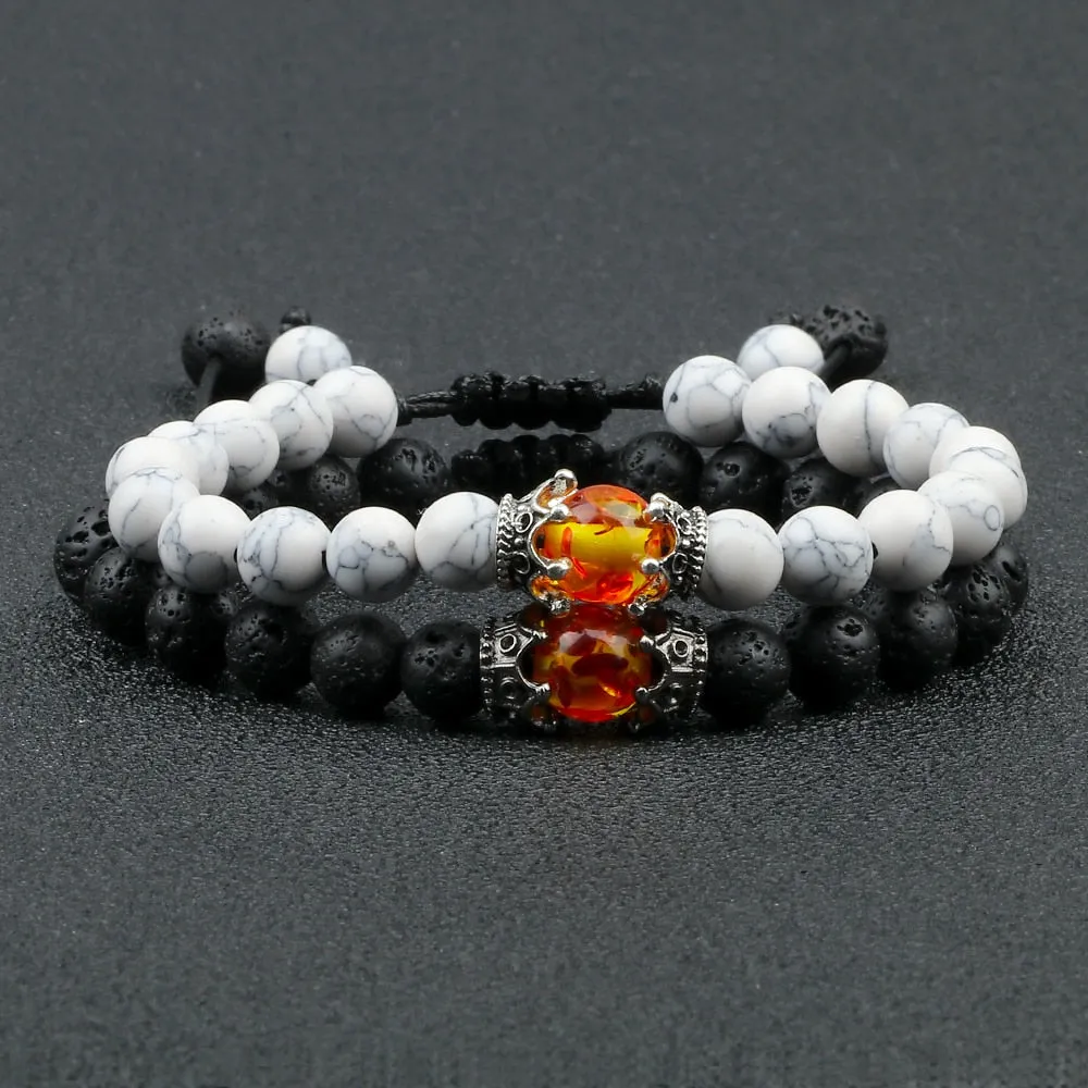 2pcs Charm Crown Tiger Eye Beads Bracelets Men Black Lava Stone Bangles