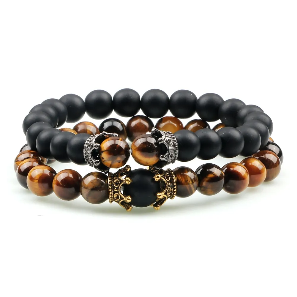 2pcs Charm Crown Tiger Eye Beads Bracelets Men Black Lava Stone Bangles