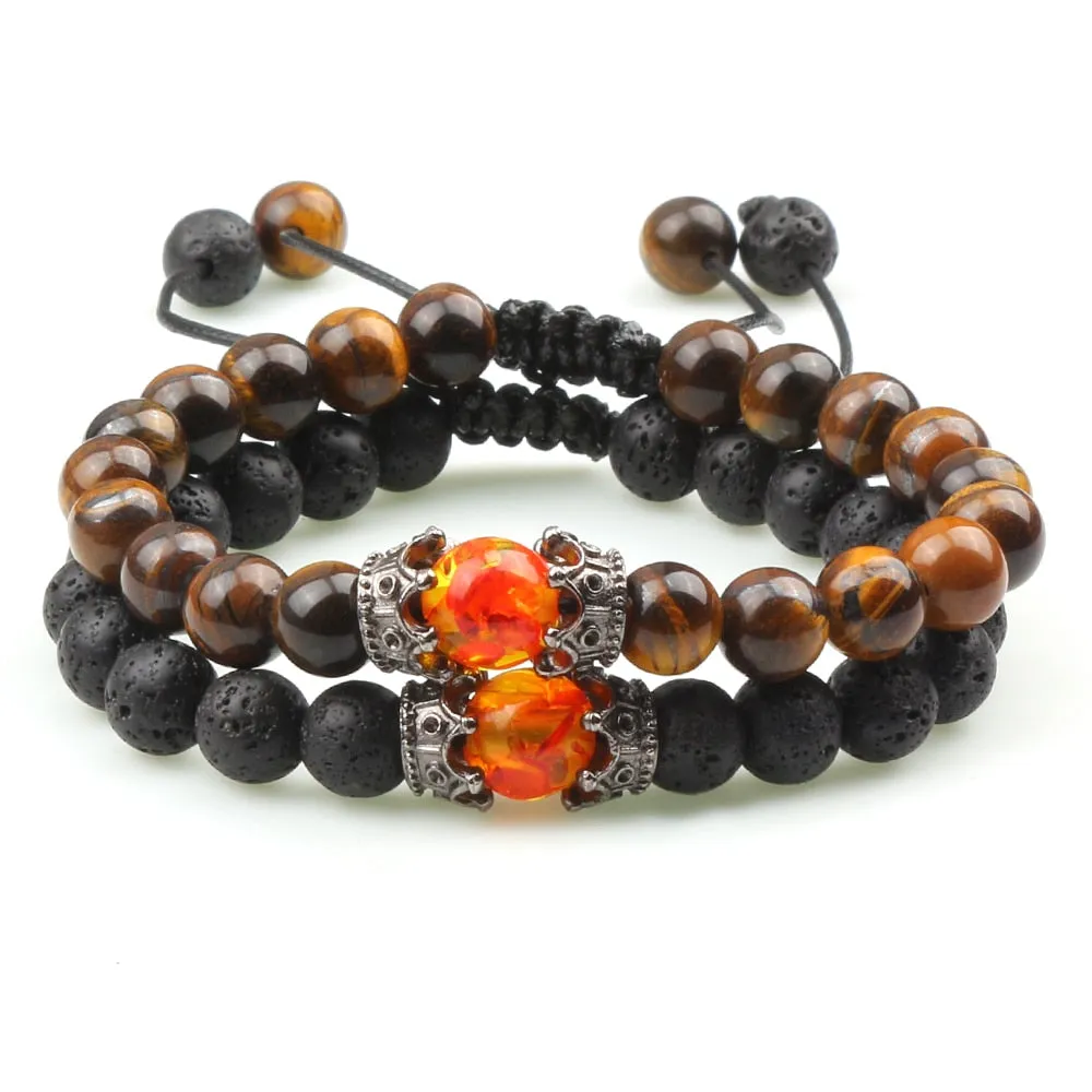 2pcs Charm Crown Tiger Eye Beads Bracelets Men Black Lava Stone Bangles