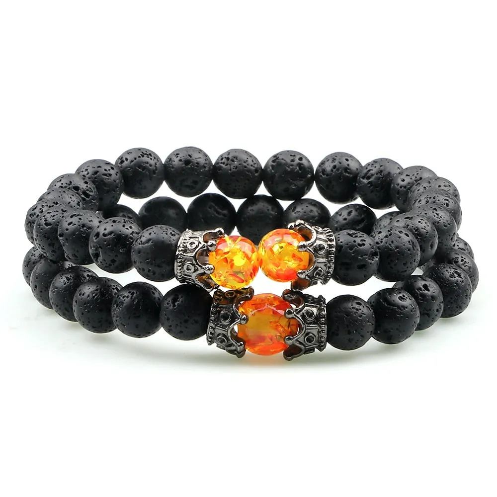 2pcs Charm Crown Tiger Eye Beads Bracelets Men Black Lava Stone Bangles