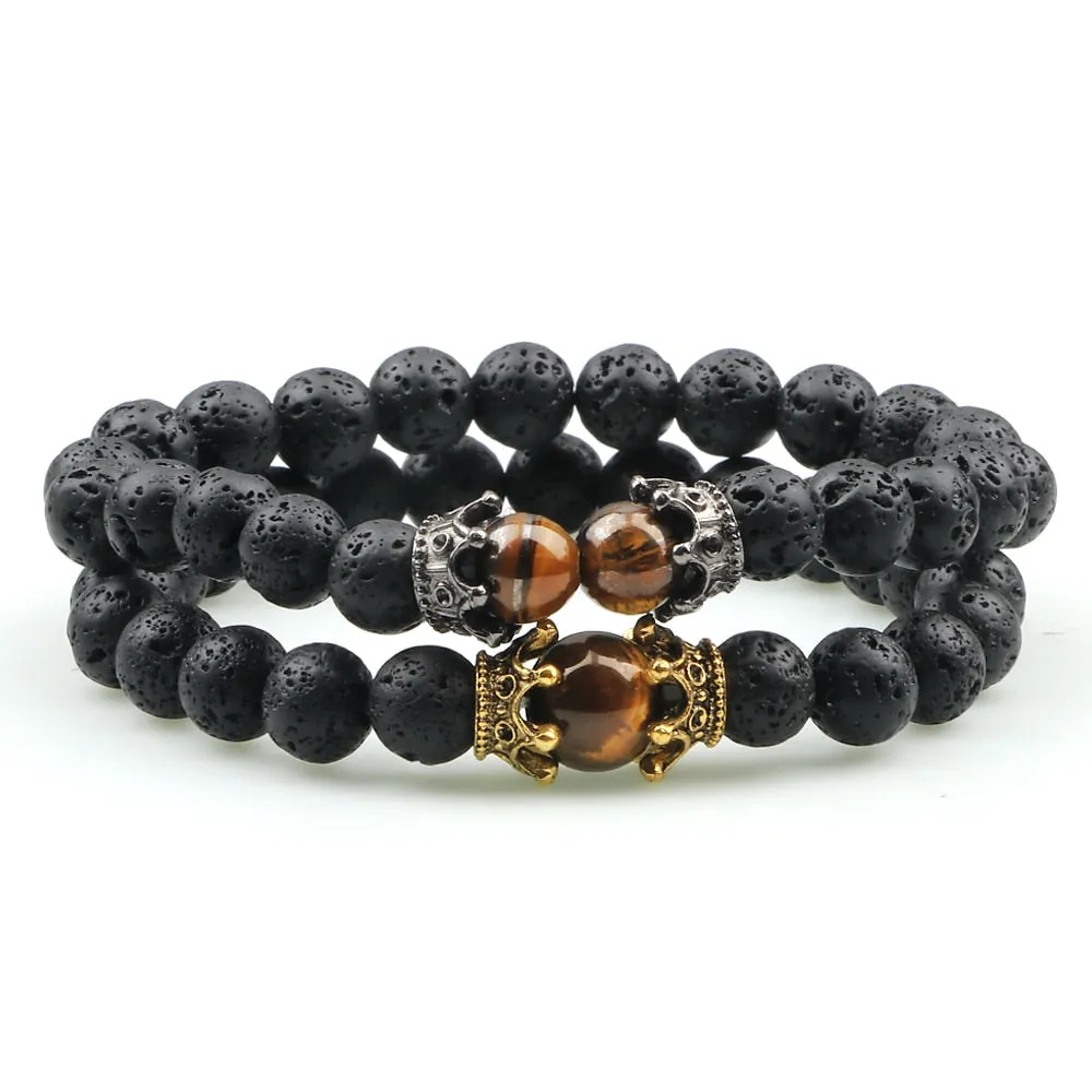 2pcs Charm Crown Tiger Eye Beads Bracelets Men Black Lava Stone Bangles