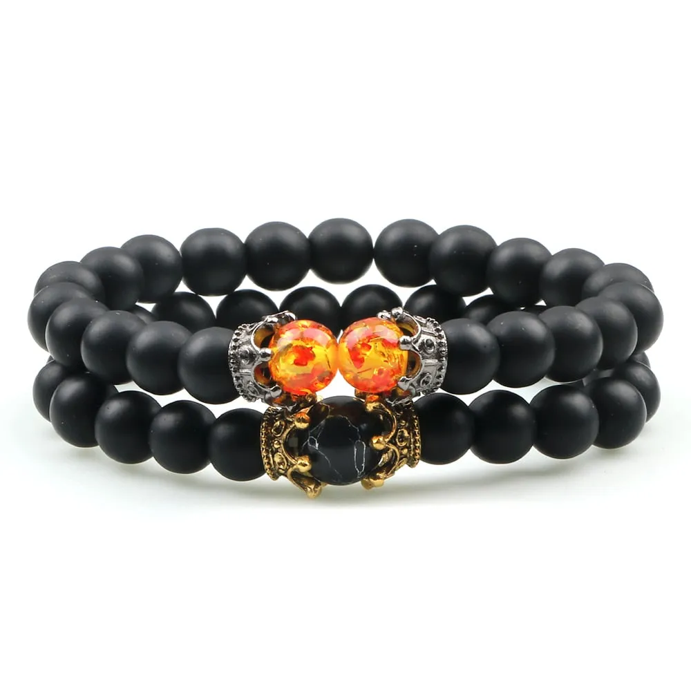2pcs Charm Crown Tiger Eye Beads Bracelets Men Black Lava Stone Bangles