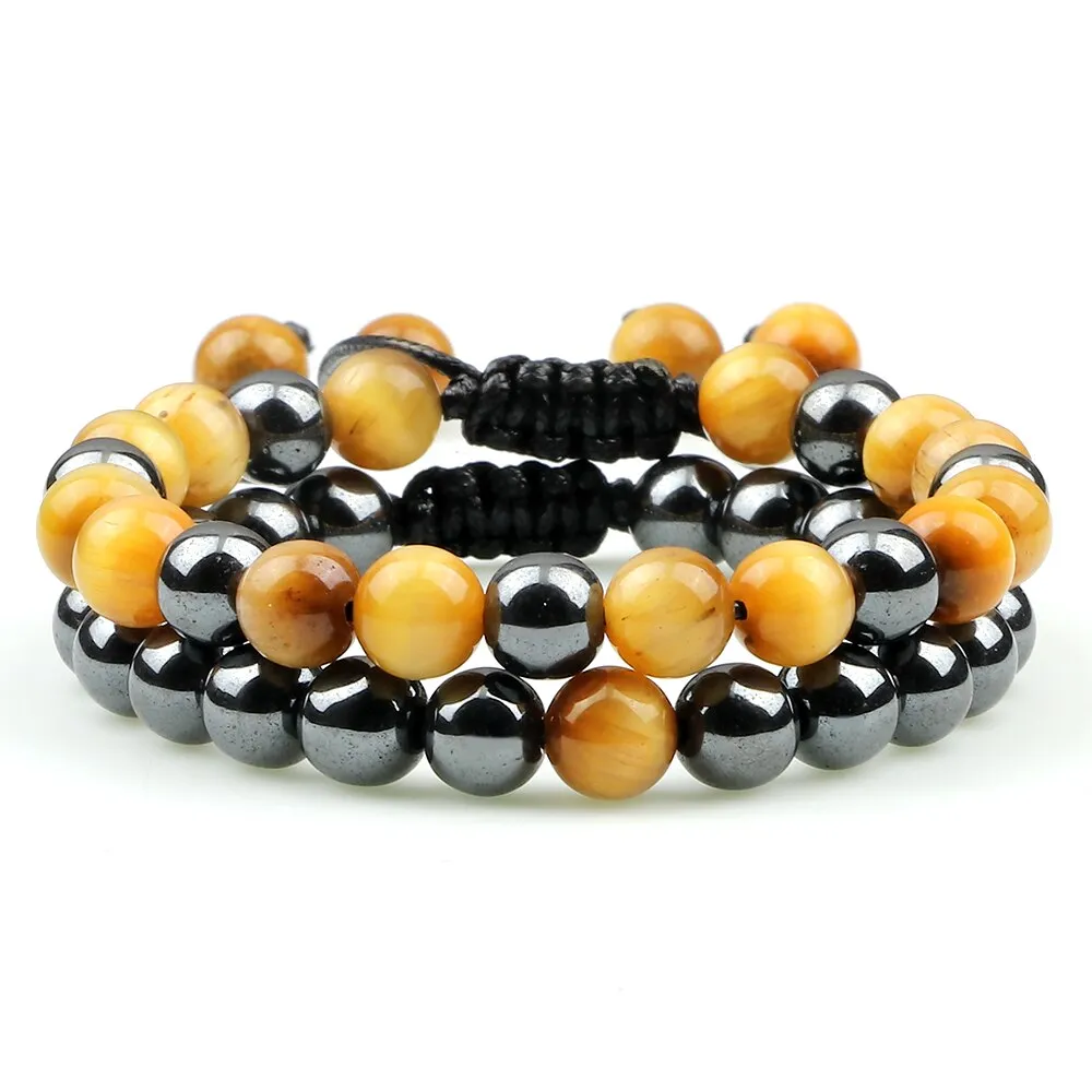 2pcs/set Hematite Tiger Eye Beads Bracelet Men Charm Natural Black Obsidian Stone Bracelet