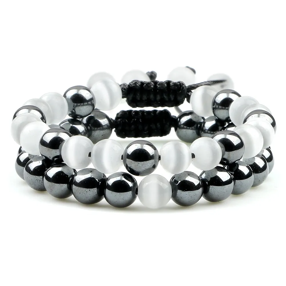 2pcs/set Hematite Tiger Eye Beads Bracelet Men Charm Natural Black Obsidian Stone Bracelet