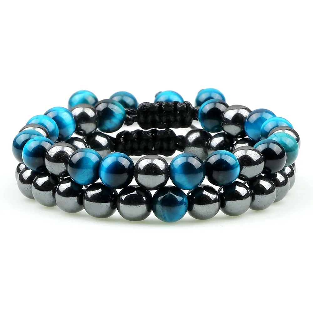 2pcs/set Hematite Tiger Eye Beads Bracelet Men Charm Natural Black Obsidian Stone Bracelet