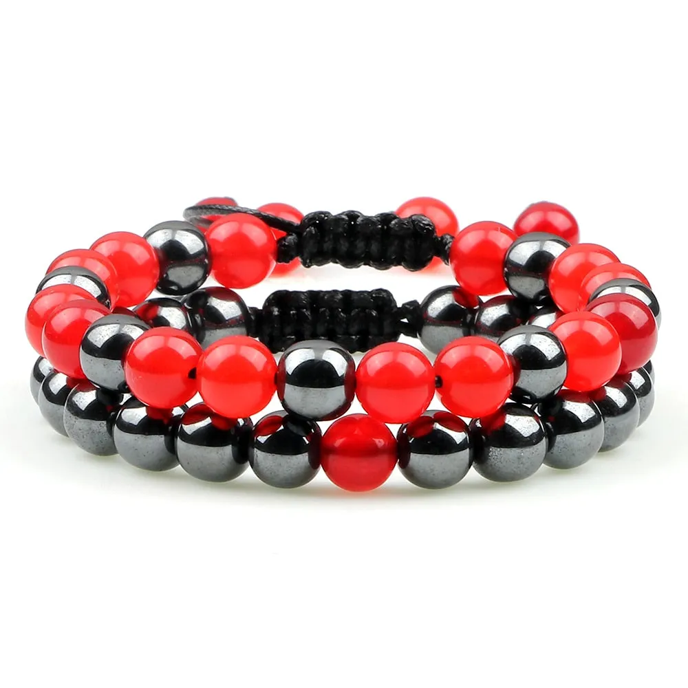 2pcs/set Hematite Tiger Eye Beads Bracelet Men Charm Natural Black Obsidian Stone Bracelet