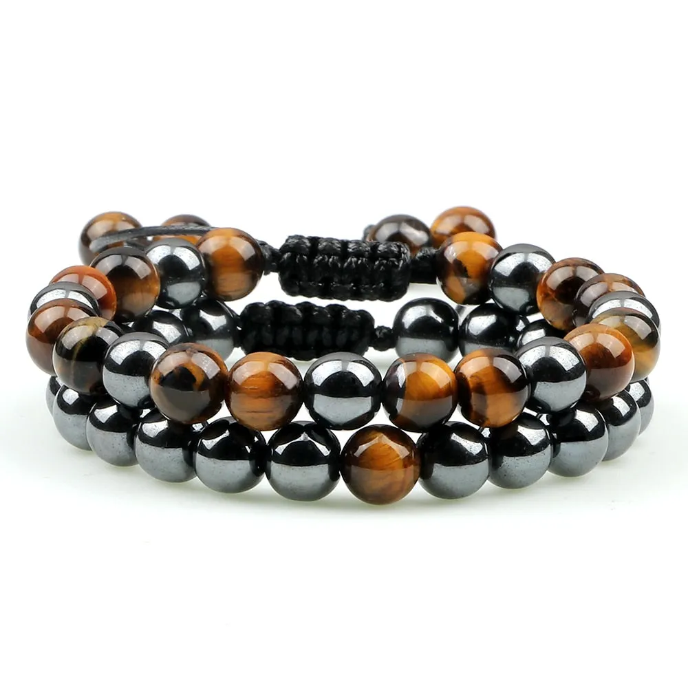 2pcs/set Hematite Tiger Eye Beads Bracelet Men Charm Natural Black Obsidian Stone Bracelet