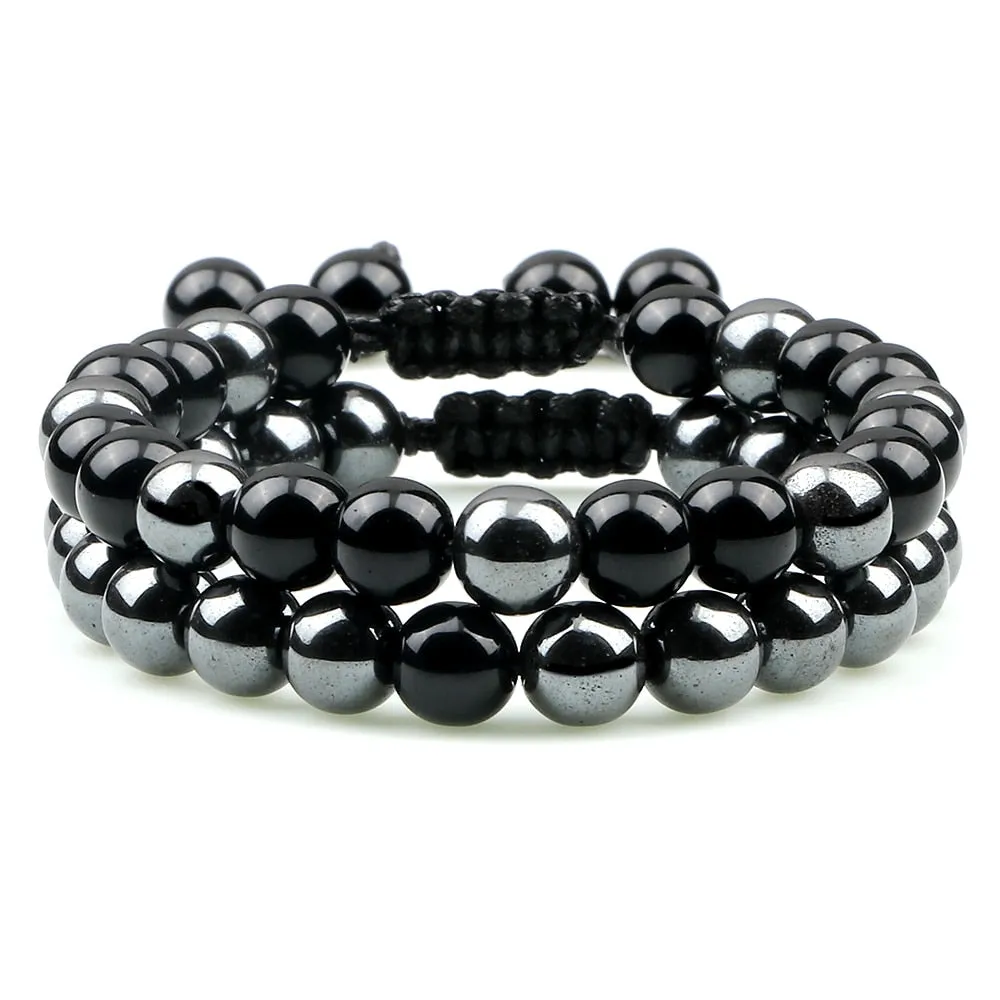 2pcs/set Hematite Tiger Eye Beads Bracelet Men Charm Natural Black Obsidian Stone Bracelet