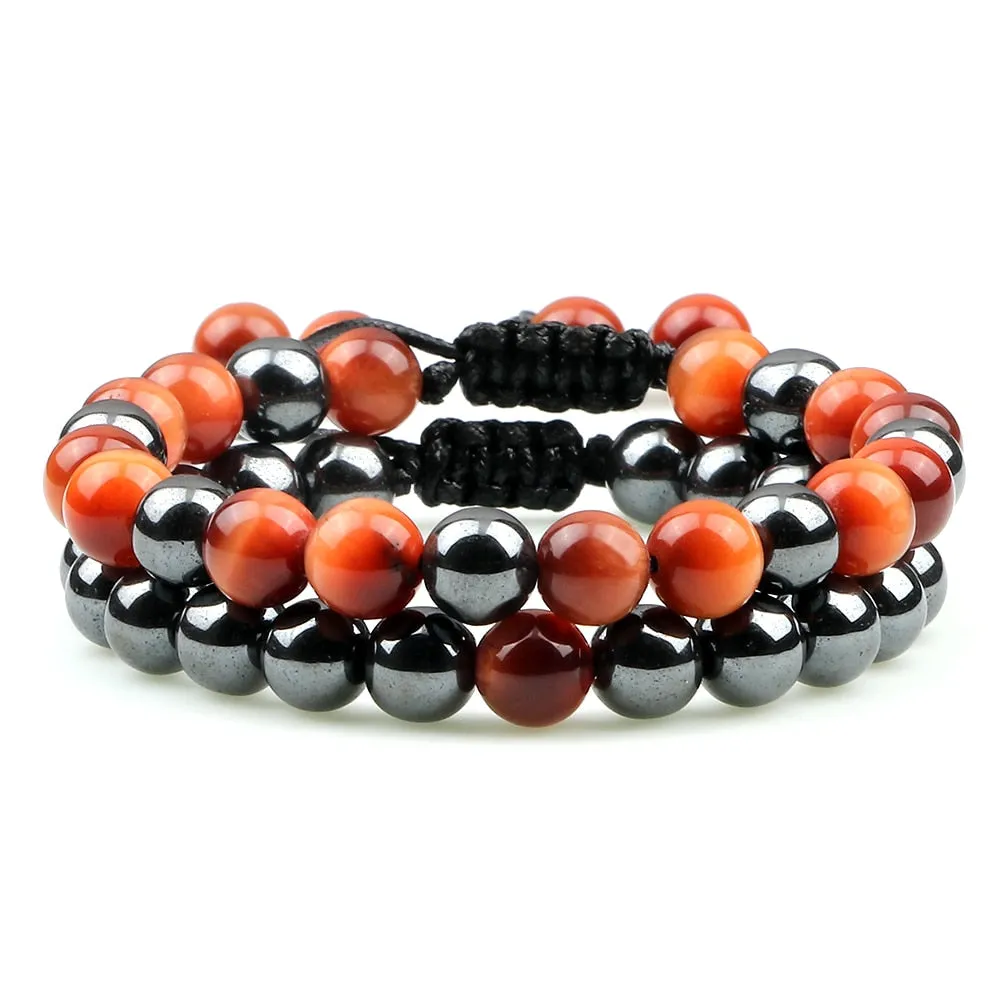 2pcs/set Hematite Tiger Eye Beads Bracelet Men Charm Natural Black Obsidian Stone Bracelet