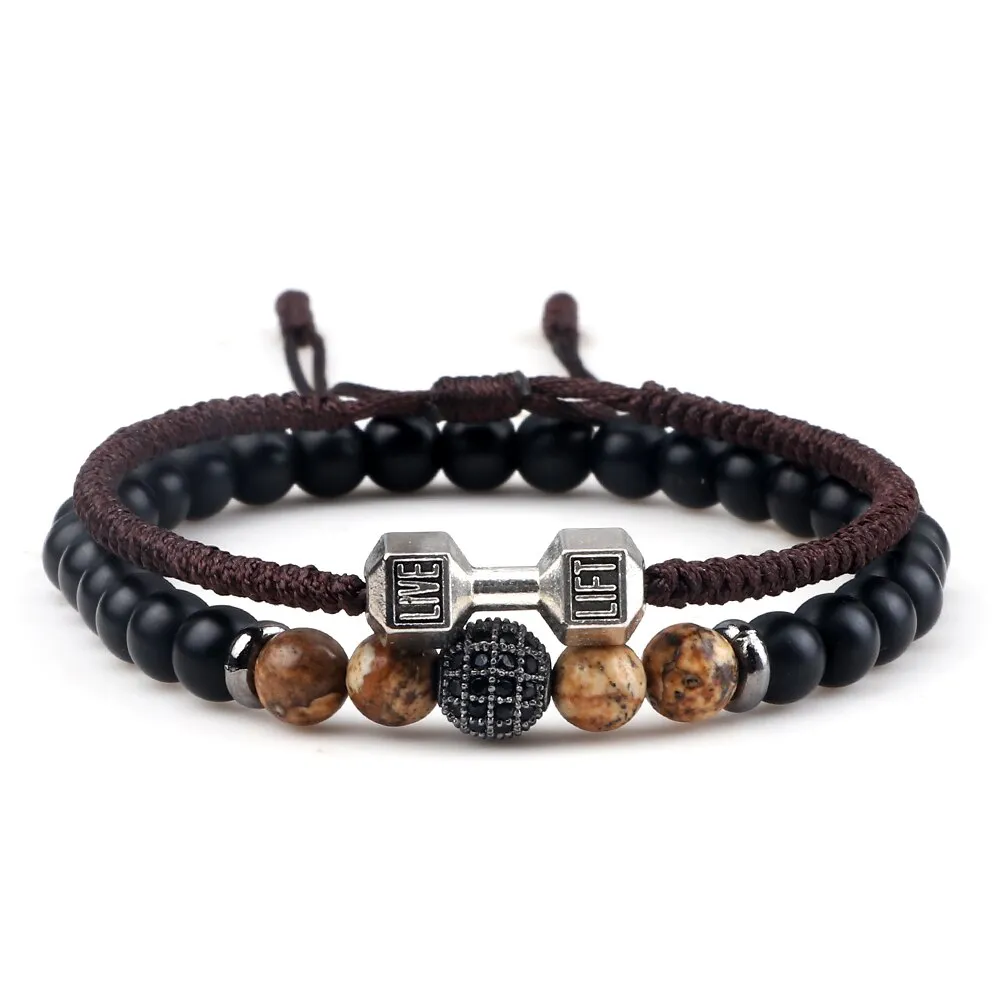 2pcs/Set Men Beaded Bracelet 6mm Charm Nature Onyx Stone Braided Strand Dumbbell hread Bracelets