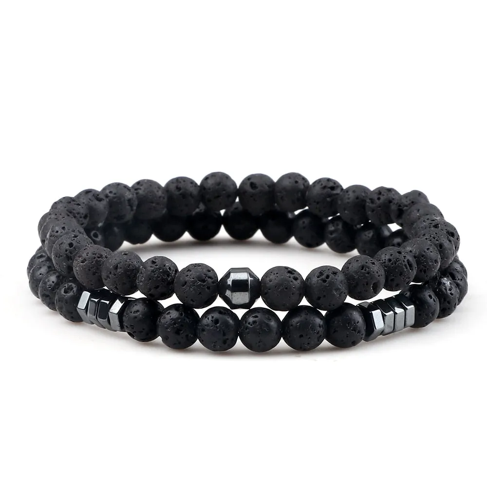 2pcs/set Men Bracelets 6mm Natural Stone Tiger Eye Lava Onyx Beads Streach Bracelet