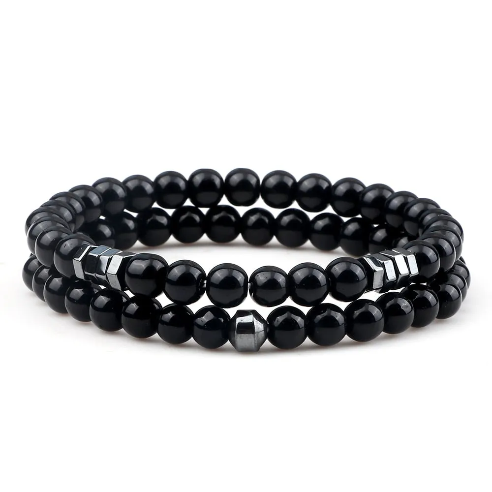 2pcs/set Men Bracelets 6mm Natural Stone Tiger Eye Lava Onyx Beads Streach Bracelet