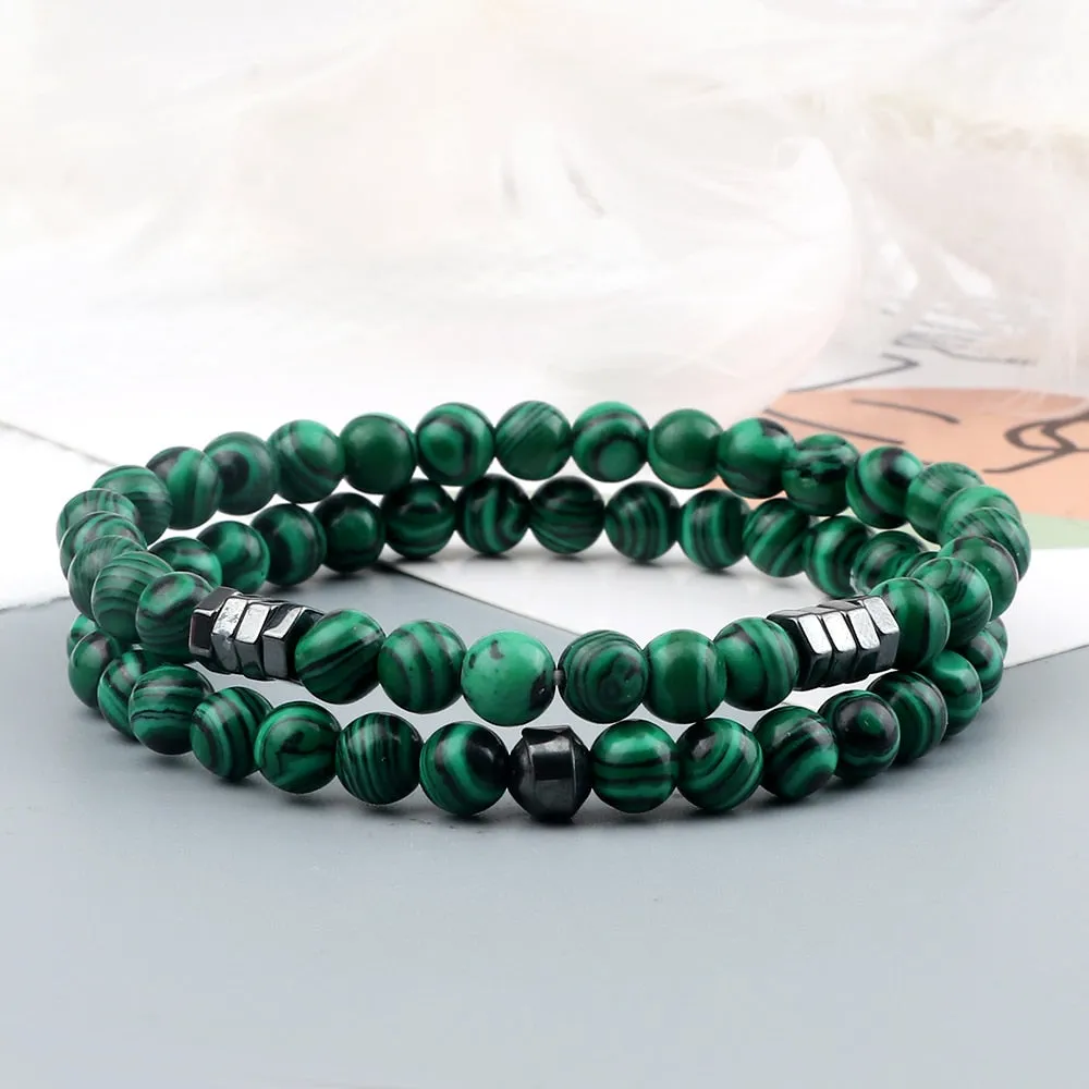 2pcs/set Men Bracelets 6mm Natural Stone Tiger Eye Lava Onyx Beads Streach Bracelet