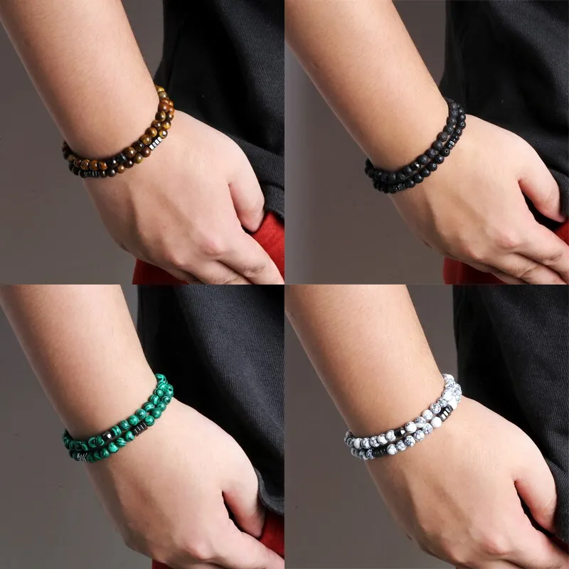 2pcs/set Men Bracelets 6mm Natural Stone Tiger Eye Lava Onyx Beads Streach Bracelet