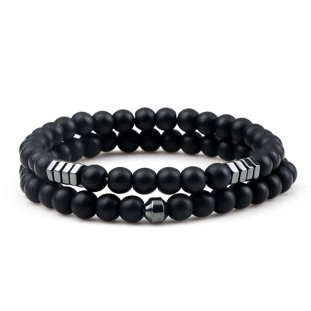 2pcs/set Men Bracelets 6mm Natural Stone Tiger Eye Lava Onyx Beads Streach Bracelet