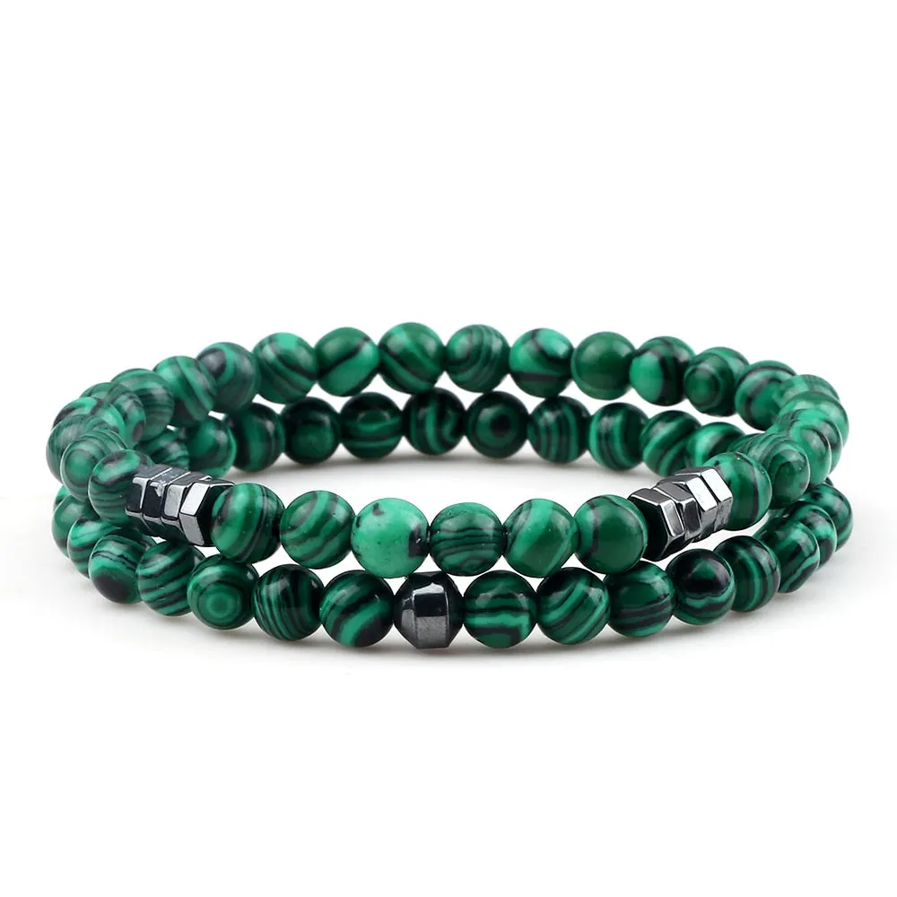 2pcs/set Men Bracelets 6mm Natural Stone Tiger Eye Lava Onyx Beads Streach Bracelet