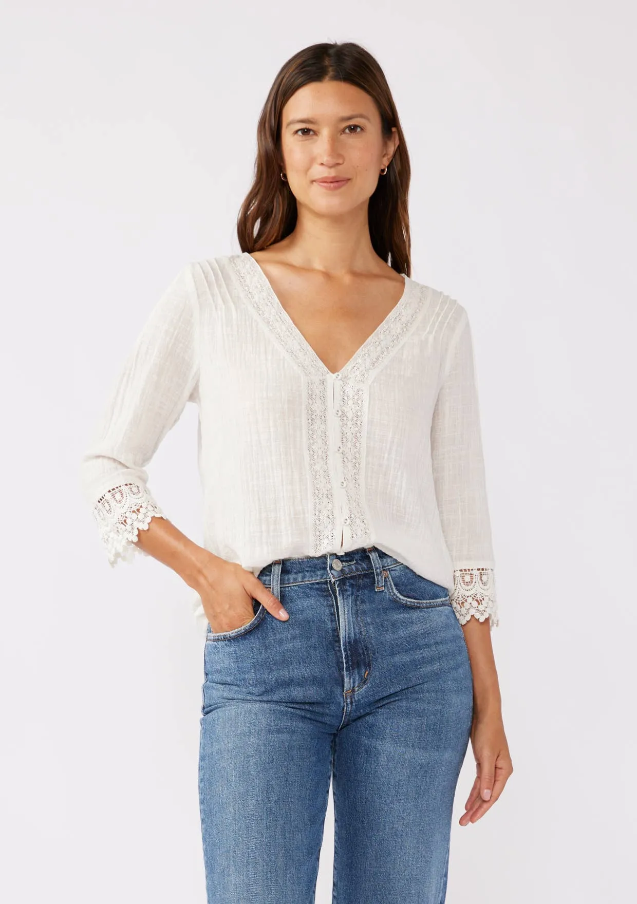 3/4 Sleeve V-Neck Button Down Blouse
