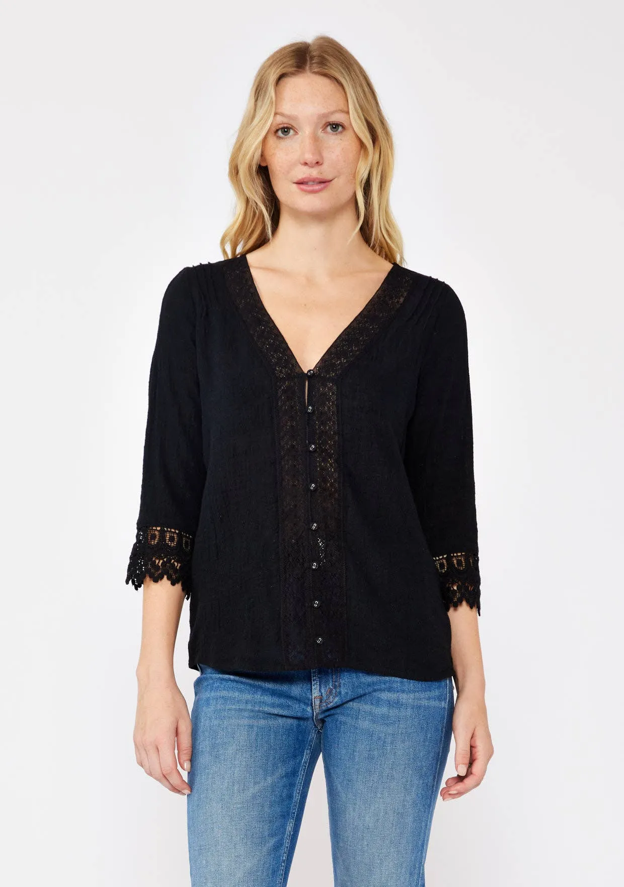 3/4 Sleeve V-Neck Button Down Blouse