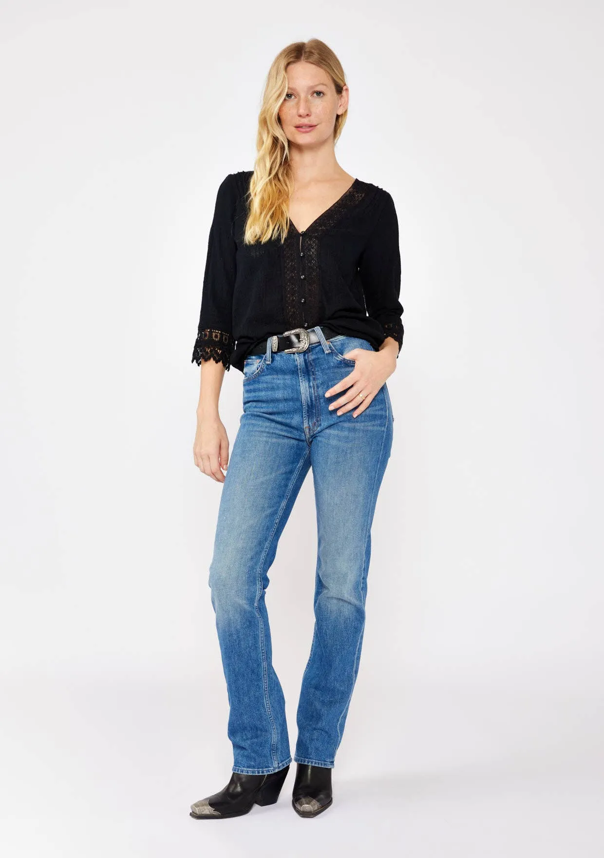 3/4 Sleeve V-Neck Button Down Blouse