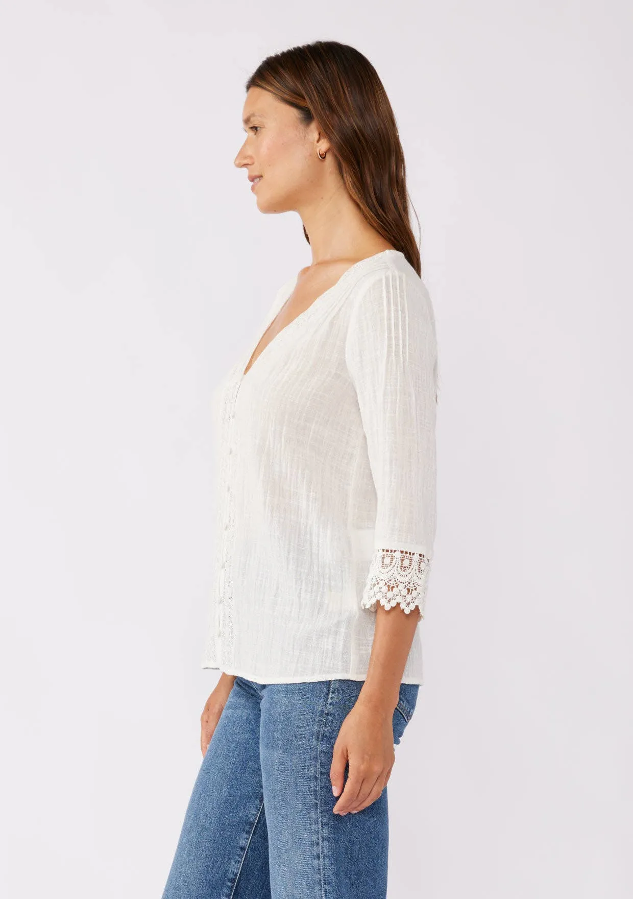 3/4 Sleeve V-Neck Button Down Blouse