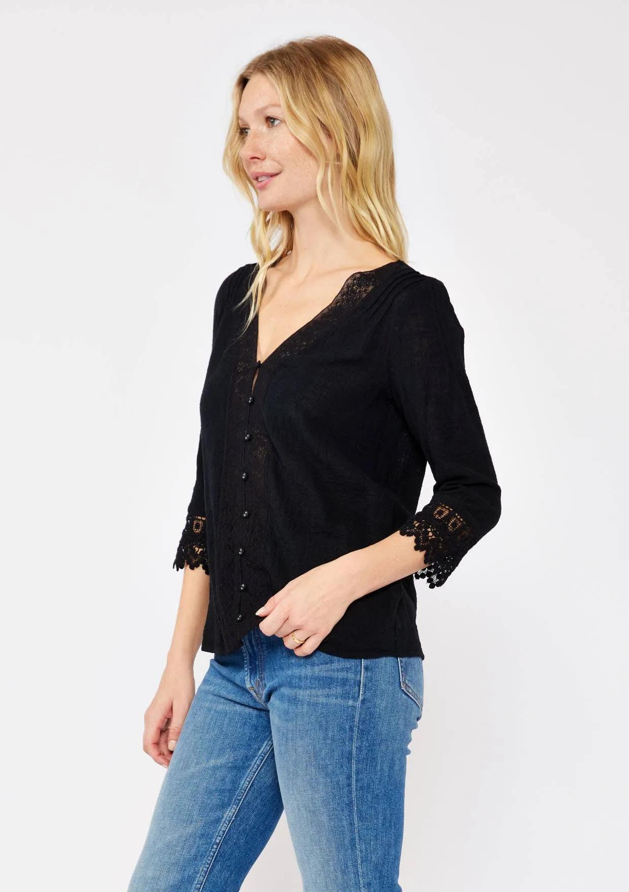 3/4 Sleeve V-Neck Button Down Blouse
