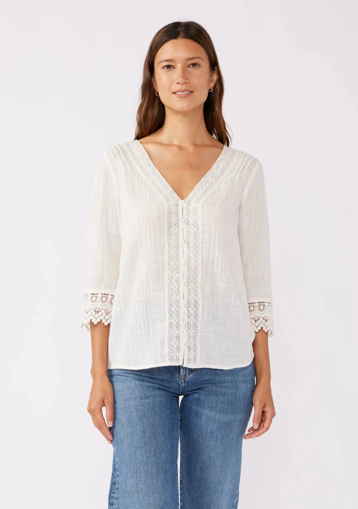 3/4 Sleeve V-Neck Button Down Blouse