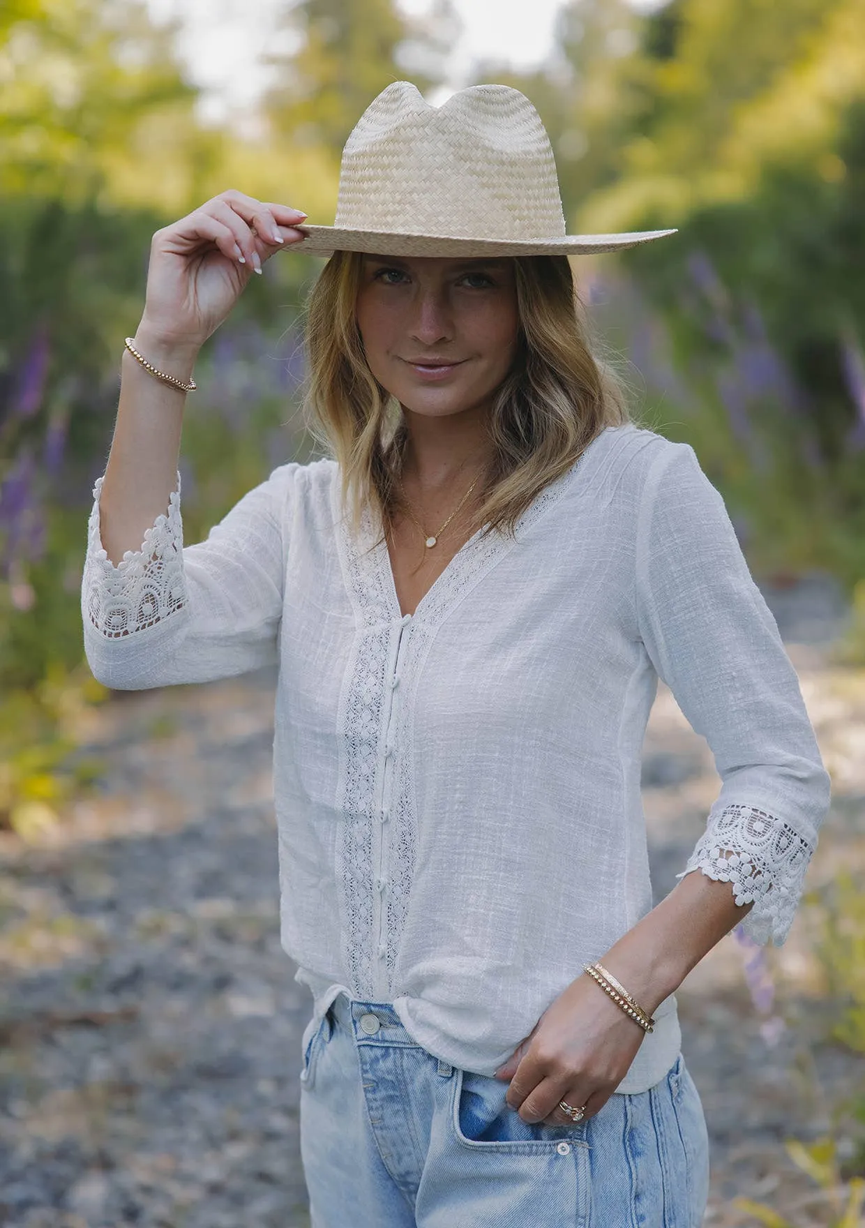 3/4 Sleeve V-Neck Button Down Blouse