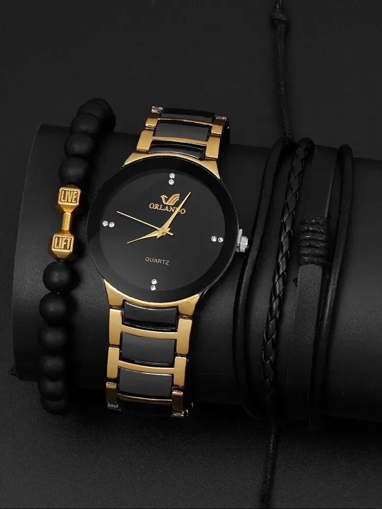 3PCs Fashion Personalized Men's Steel Band Quartz Watch with Bracelet Set