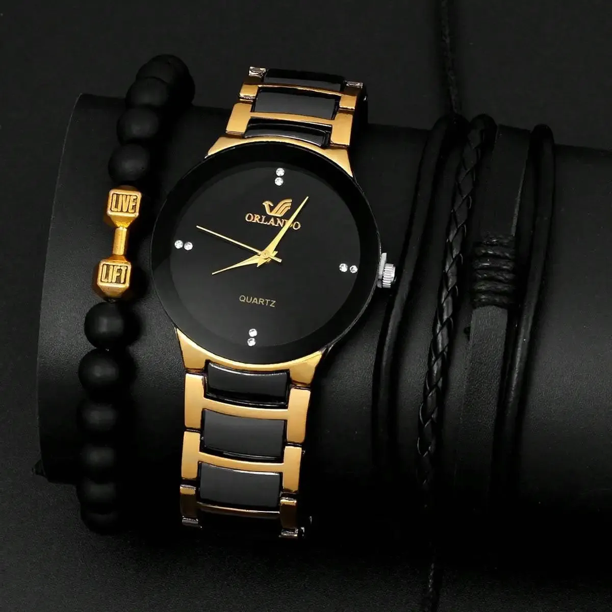 3PCs Fashion Personalized Men's Steel Band Quartz Watch with Bracelet Set