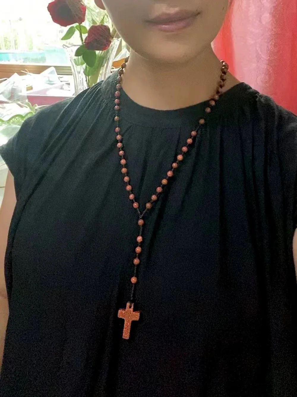 6mm Rosary Necklace Cross Pendant Handmade knot necklace