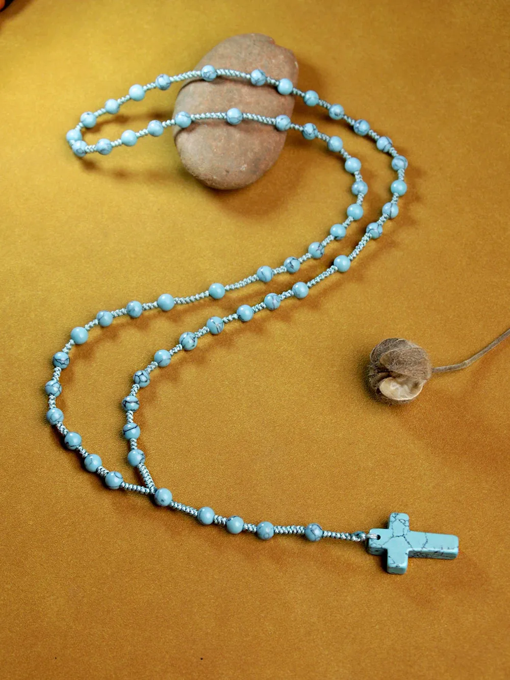 6mm Turquoise Rosary Necklace Cross Pendant,Handmade knot necklace