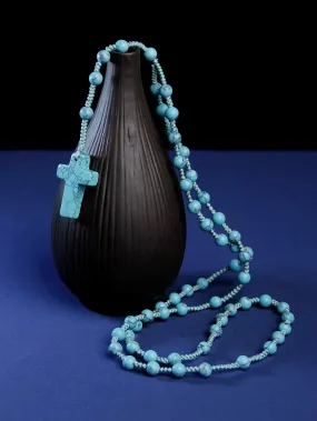 6mm Turquoise Rosary Necklace Cross Pendant,Handmade knot necklace