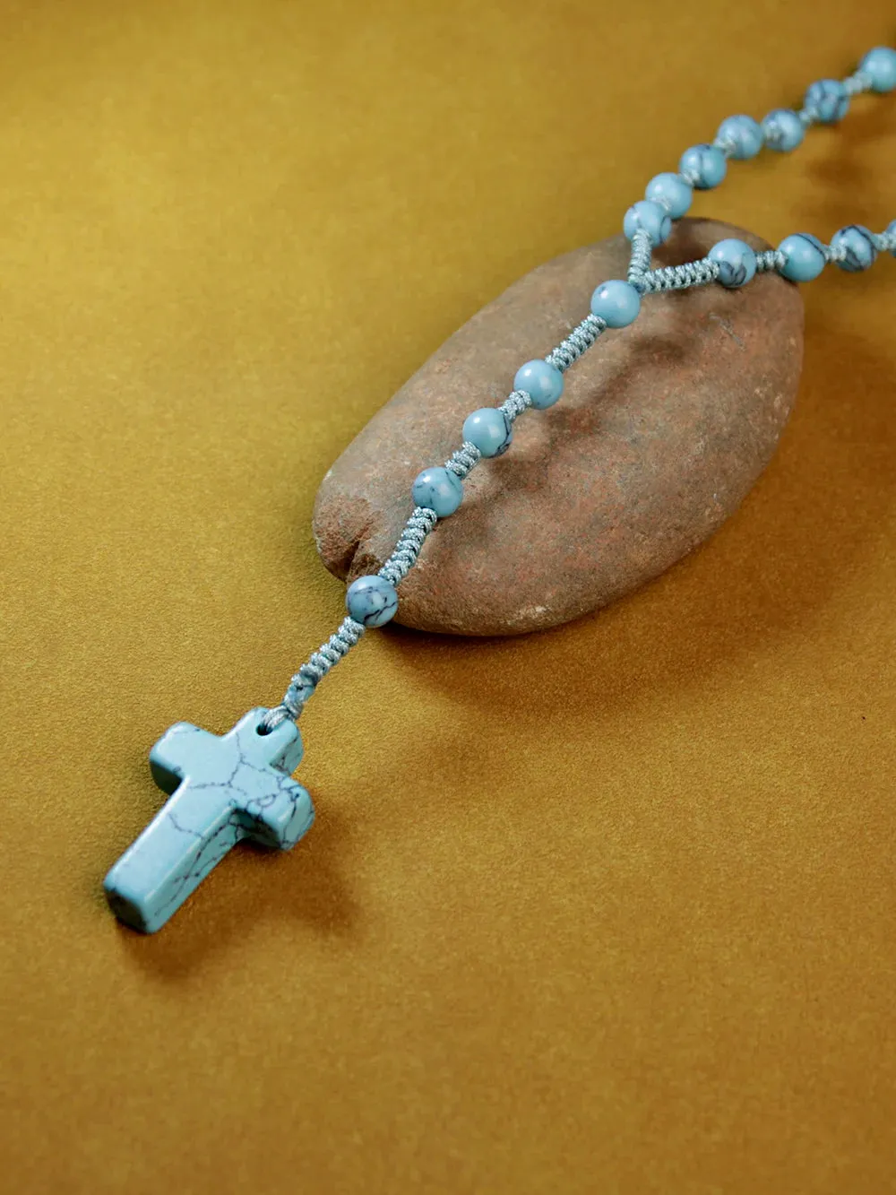 6mm Turquoise Rosary Necklace Cross Pendant,Handmade knot necklace