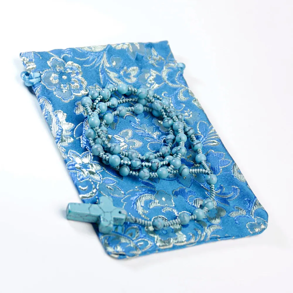 6mm Turquoise Rosary Necklace Cross Pendant,Handmade knot necklace