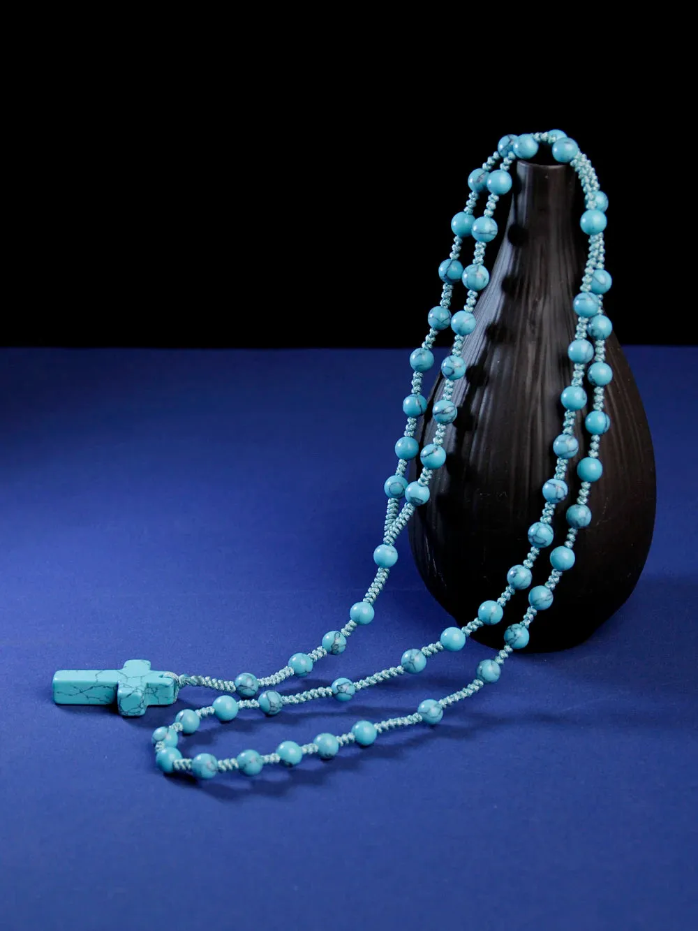 6mm Turquoise Rosary Necklace Cross Pendant,Handmade knot necklace