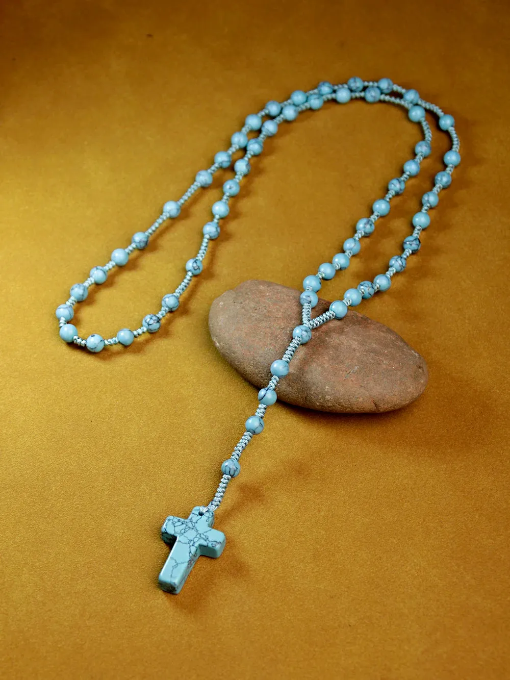 6mm Turquoise Rosary Necklace Cross Pendant,Handmade knot necklace