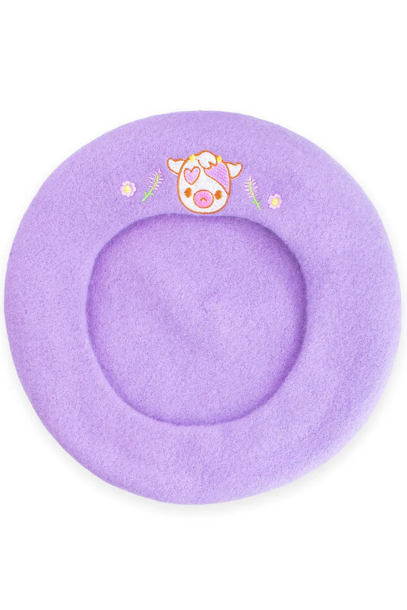 Adorable Cow Embroidered Beret