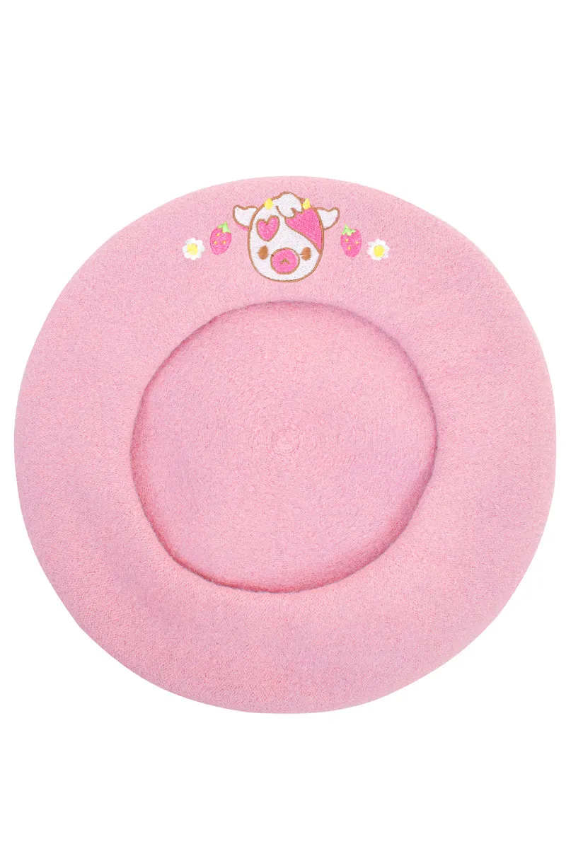 Adorable Cow Embroidered Beret