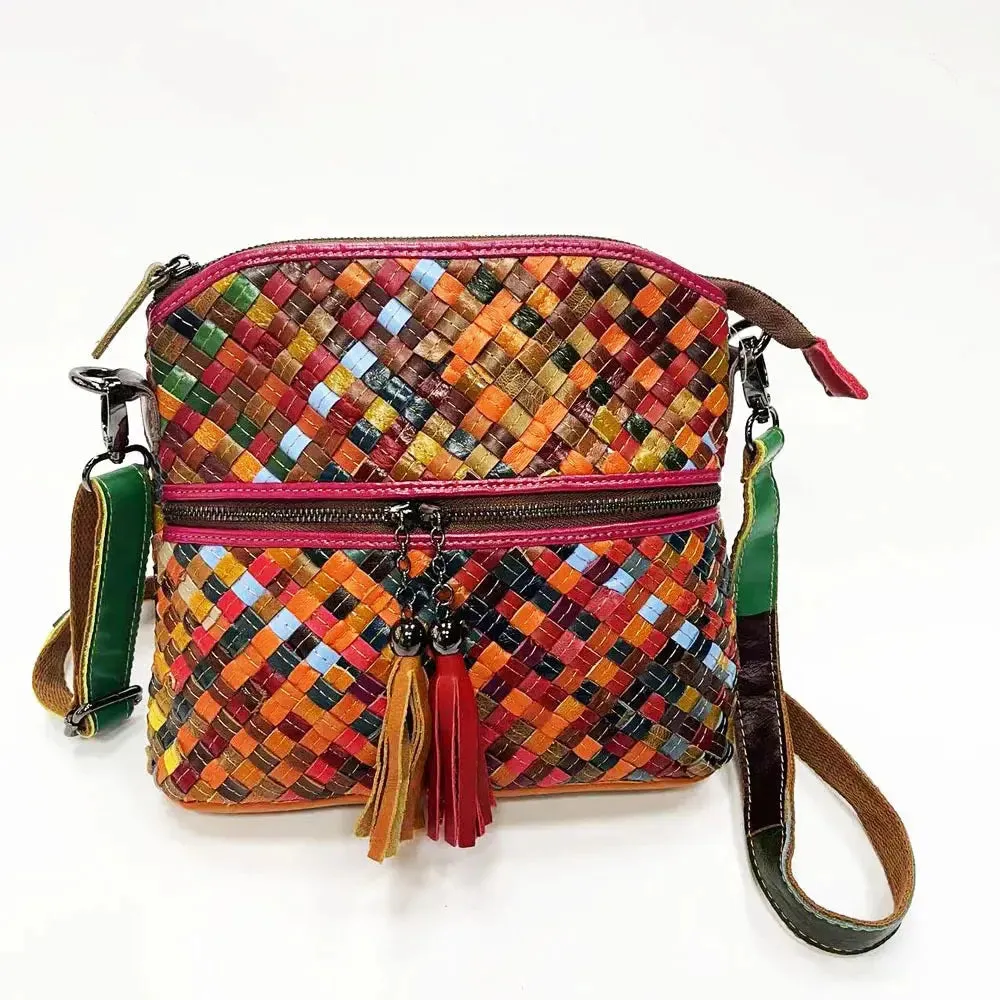 Annmouler Designer Women Shoulder Bag Genuine Leather Crossbody Bag Weave Lady Small Color Bag for Women with TasselShell Bag