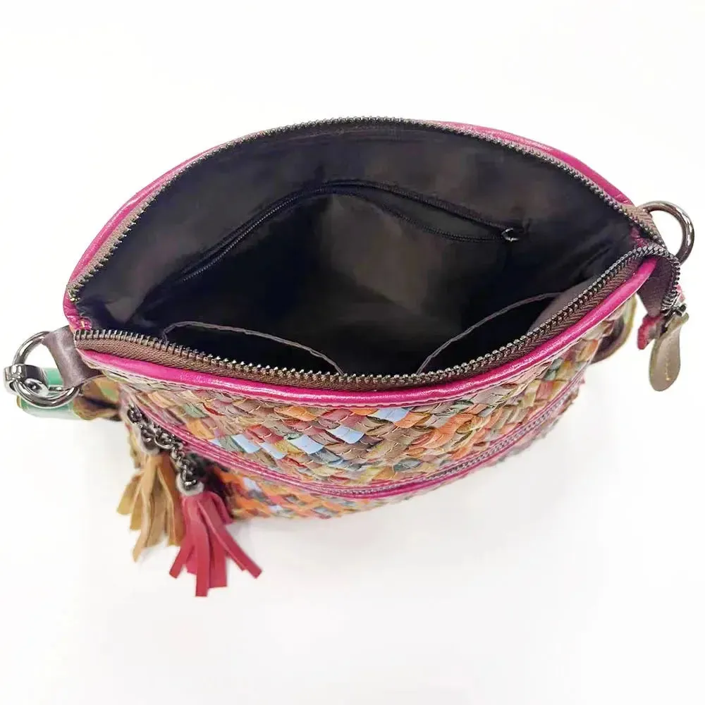 Annmouler Designer Women Shoulder Bag Genuine Leather Crossbody Bag Weave Lady Small Color Bag for Women with TasselShell Bag
