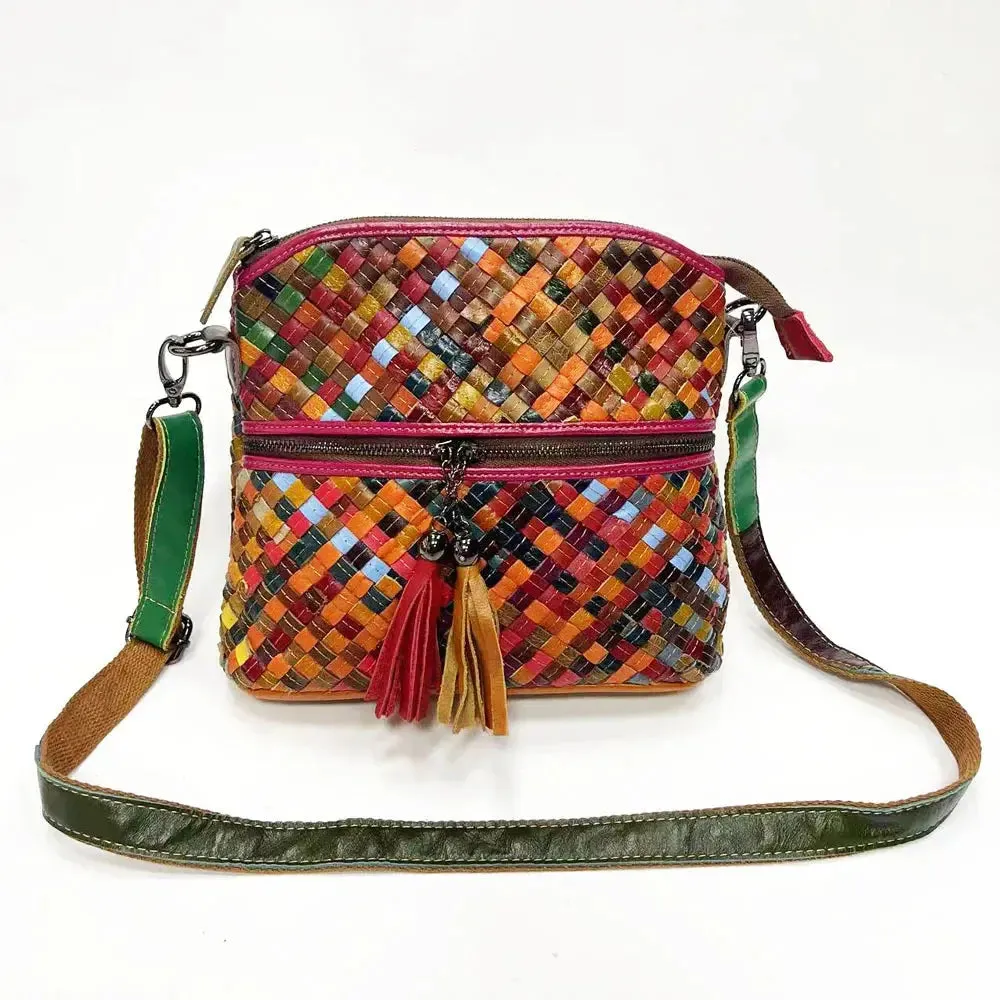 Annmouler Designer Women Shoulder Bag Genuine Leather Crossbody Bag Weave Lady Small Color Bag for Women with TasselShell Bag