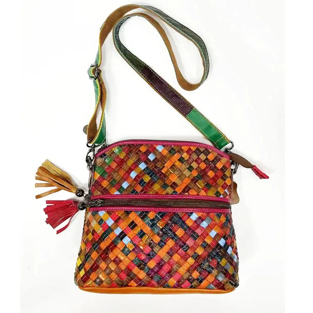 Annmouler Designer Women Shoulder Bag Genuine Leather Crossbody Bag Weave Lady Small Color Bag for Women with TasselShell Bag