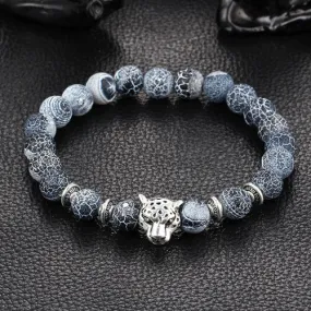 Antique Silver Plated Buddha Leopard head Bracelet Lava Natural Stone Beaded Bracelets For Men Women Pulseras Hombre