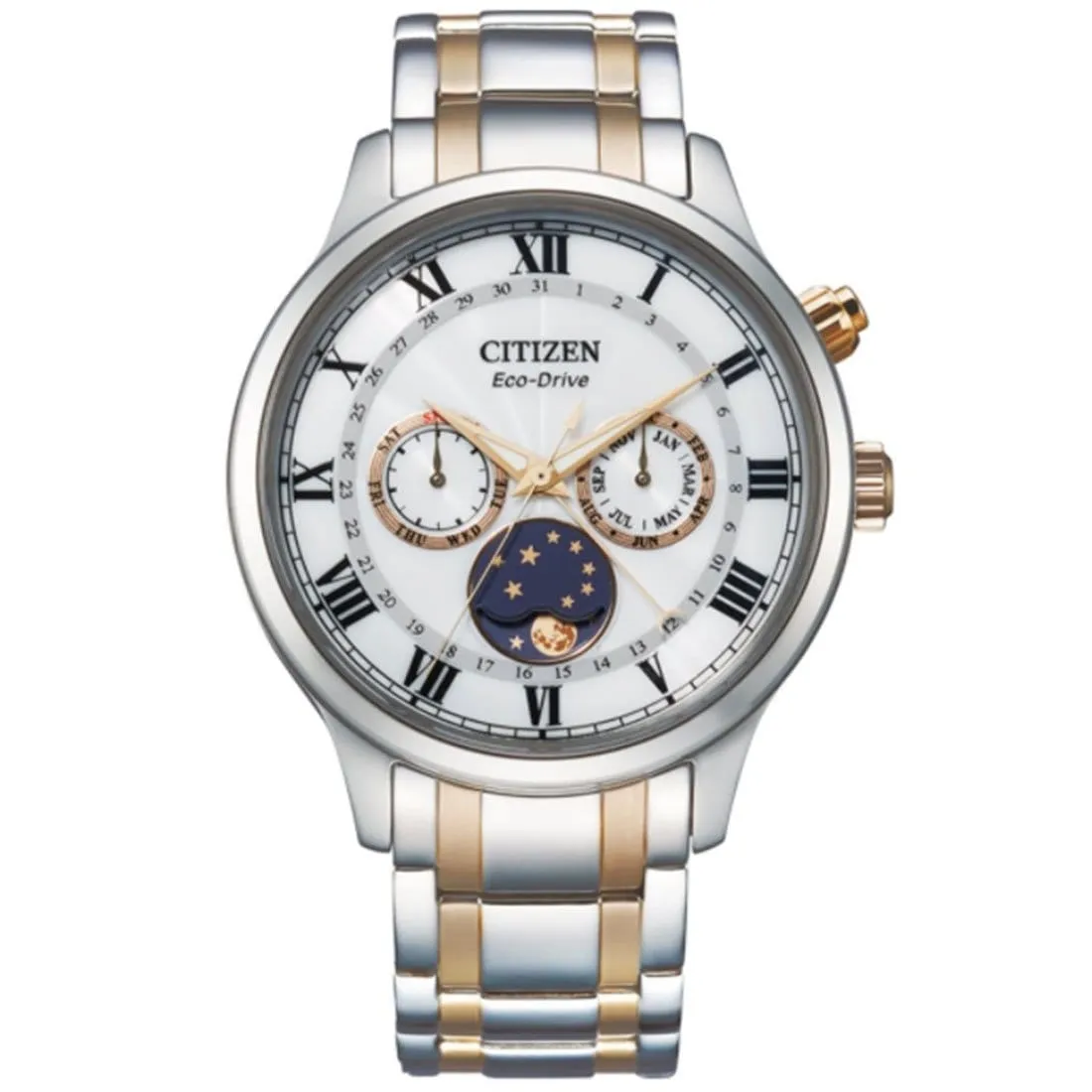 AP1054-80A Citizen Eco-Drive Moon Phase White Dial Two Tone Stainless Steel Band Watch